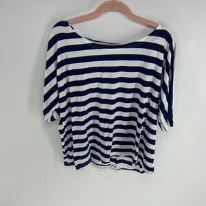 Measeor Women's Blue White Wide Open Sleeves Striped Crop Blouse NWT Large